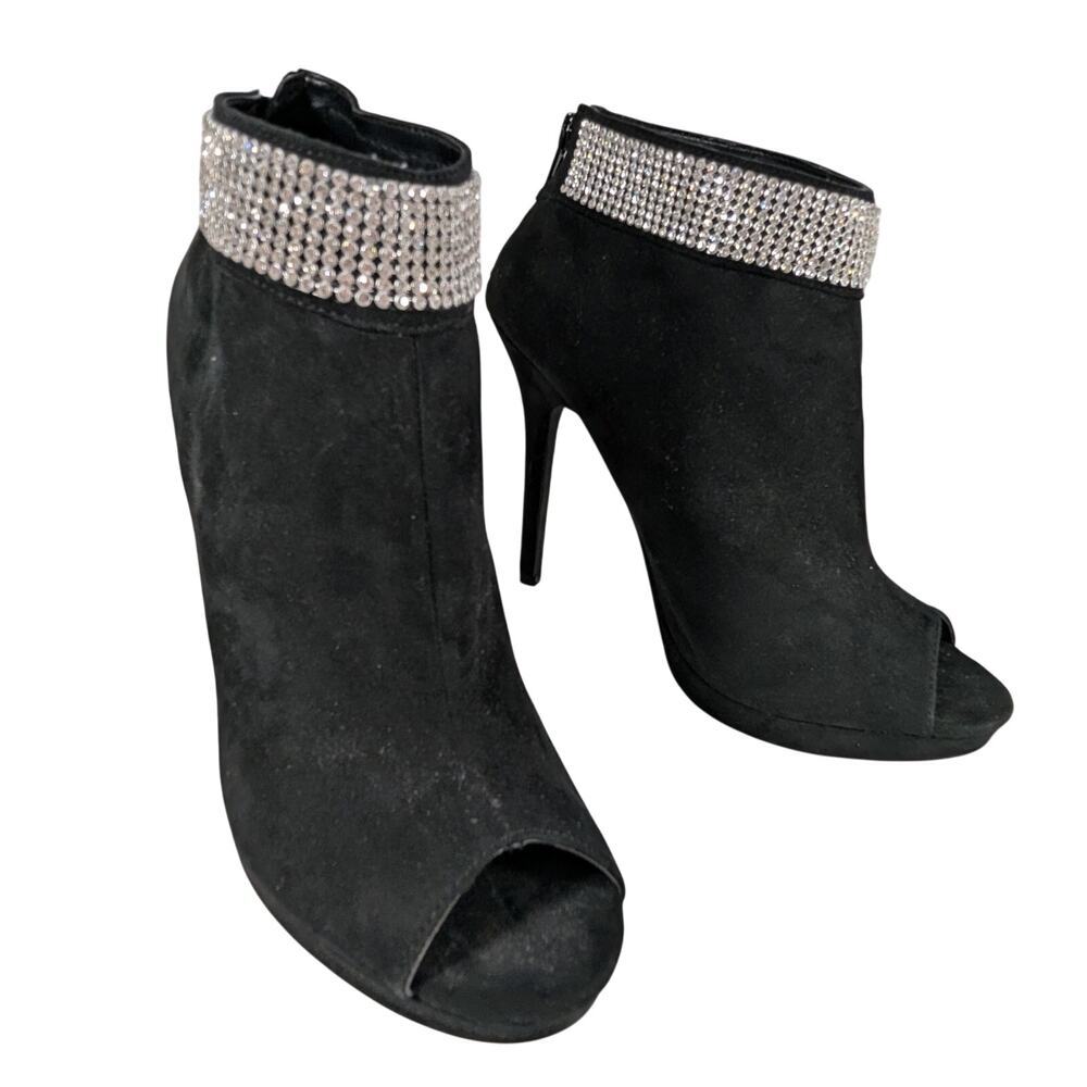 NWOT! I. MILLER! BLACK SUEDE MICROFIBER PEEP TOE RHINESTONE BANDED BOOTS!SZ 9.5M